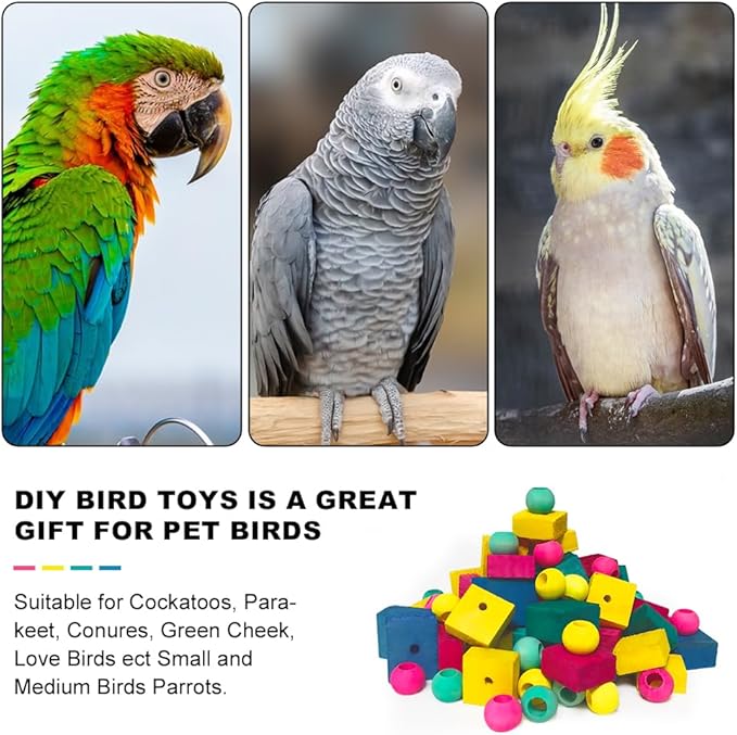 Bird Toys, 100 Pcs Multi-Color DIY Wooden Blocks, Chewing Playing Training Toy for Cockatoos, Macaws, African Grey, Small Medium Parrots