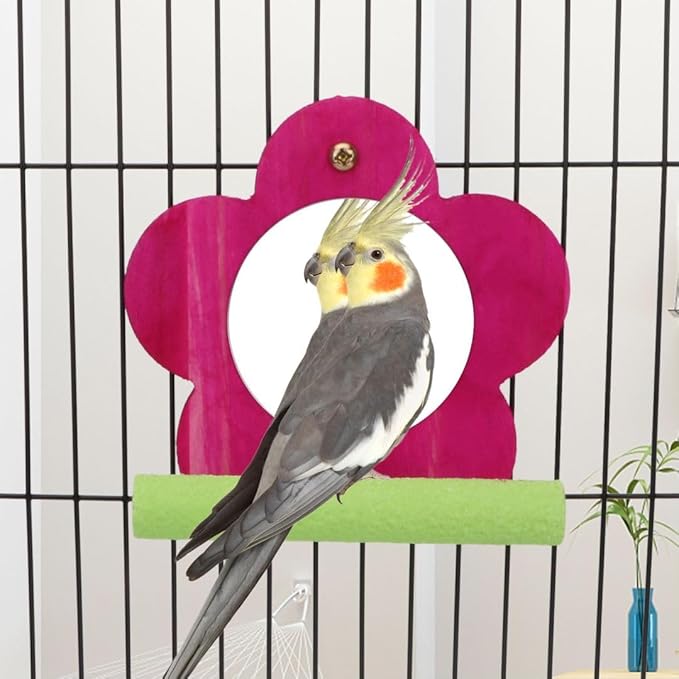 Hypeety Bird Mirror Toy with Perch Cage Standing Accessories Parrot Parakeet Budgies Cockatiel Conure Finch Lovebird African Grey Macaw Amazon Cockatoo Birdcage Wood Perch(Color Random) (Flower Shape)