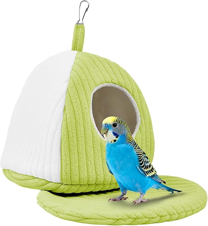 Bird Hanging Hammock Nest Parrot with Soft Plush Hanging Hammock & Hut Tent for Cage Winter Bird Hideaway Hut for Cockatiels Budgies Parakeets Lovebirds Conures Hamsters (Green and White L)