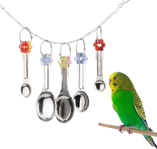 Hypeety Stainless Steel Bird Bell Toys Heavy Duty Hanging Spoons Rings Safe Metal Cage Hanging Bells Toy for Cockatoos Macaws African Grey Large Parrots and Birds (5 Spoons)
