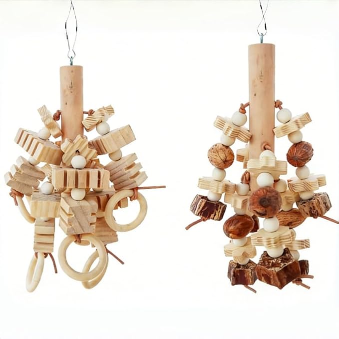 Bird Cage Toys Parrot Toy Designed for Chewing Features Natural Nut and Wooden Blocks, 2PCS Can Be Hung in Medium and Large Sized Parrot Cages