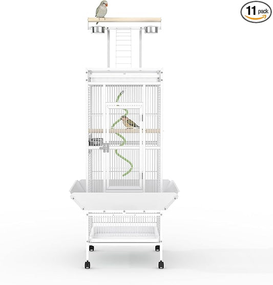 GarveeHome 60" h Bird Cage, Parakeet Cage with Playtop, Bird Rope Perche, Feed Bowls, White Parrot Cage for Parakeets, Conures, Cockatiel, Cockatoo