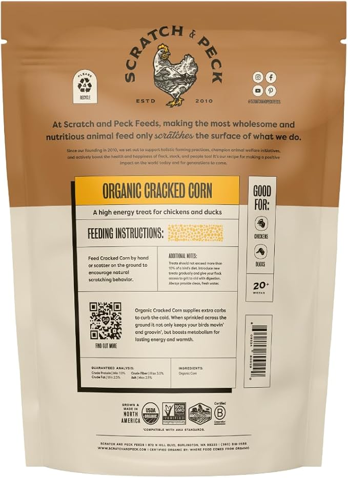Scratch and Peck Cracked Corn Chicken, Duck and Livestock Supplemental Grain - 8 lbs Bag - 7.5% Protein, Certified Organic and Non-GMO Project Verified Chicken Food