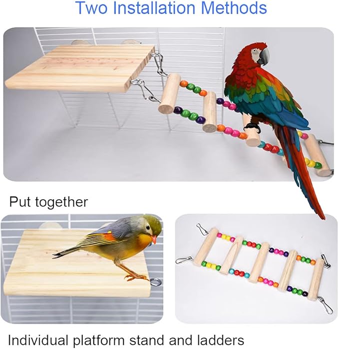 Bird Ladder Toys, Wood Parrot Bird Perch Stand Platform with 8 Ladders Swing Bridge for Pet Training Playing, Flexible Birds Cage Accessories Decoration for Cockatiel Parakeet