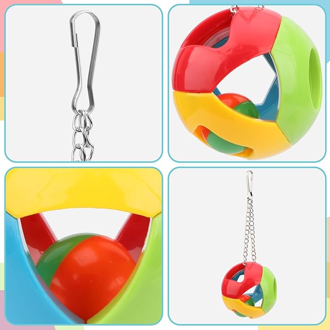 Hypeety Parrot Colorful Ball Toys with Bell Cage Hanging Chewing String for Parakeet Conure Cockatiel Small Medium Birds (C)