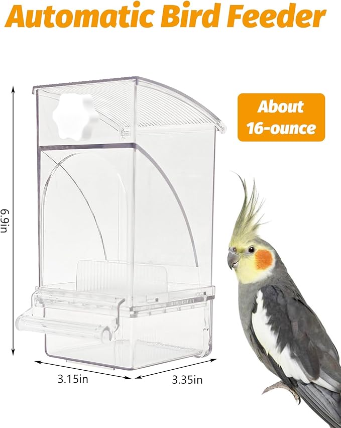 BNOSDM No Mess Bird Feeder Transparent Bird Food Container Automatic Parrot Feeder with Perch Parakeet Cage Accessories for Budgies, Canaries, Cockatoos, Finch and Lovebirds