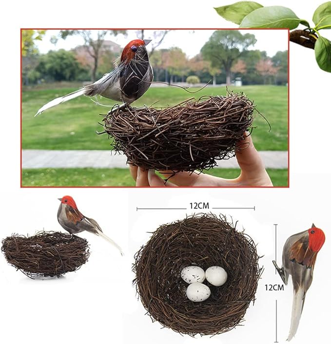 Simulated Feathered Bird - Artificial Birds Rattan Bird Nest Eggs DIY Crafts Ornament Artificial Foam Bird Ornaments Tree Ornaments for Home Garden Wedding