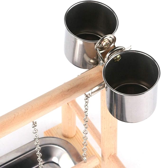 Perch Bird Play Stand Wood Playground with Feeder Cups, Hanging Swing, Ladders Small Animals Gym Tabletop Toys Exercise Play_AB