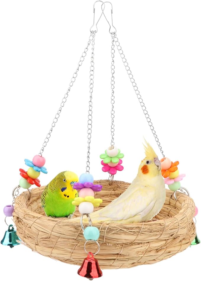 Hypeety Natural Handwoven Straw Nest Bed Large Bird Swing Toy with Bells for Parrot Cockatiel Parakeet African Grey Cockatoo Macaw Budgie Canary Lovebird Cage Perch (A)