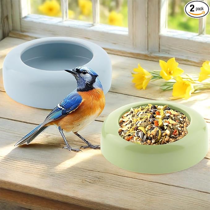 2 Pack Bird Feeder Ceramic Anti-Spill Food Bowl for Bird Parrot Cockatiel Parakeet Conure Finch Rodents Small Animals (Blue and Green)