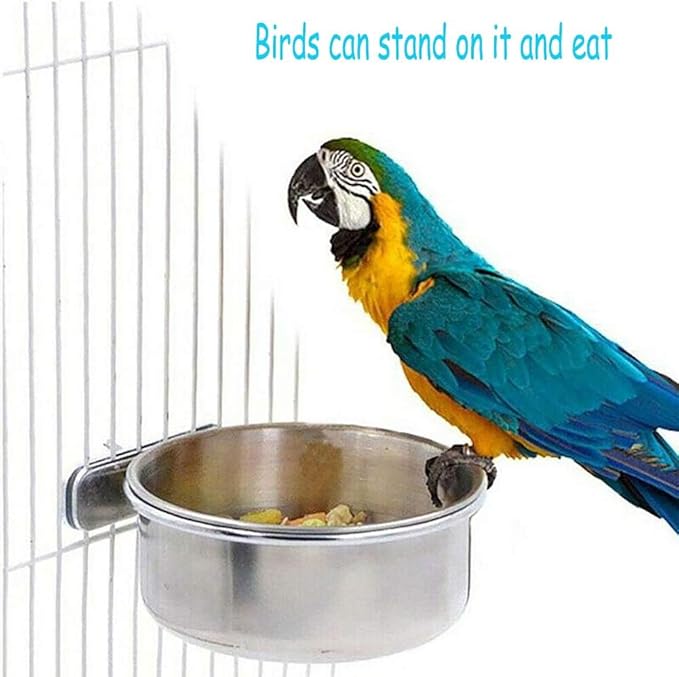 PINVNBY 2PCS Parrot Feeding Cups Birds Food Dish Stainless Steel Parrot Feeders Water Cage Bowls with Clamp Holder for Cockatiel Conure Parakeet Macaw Small Animal (Size: L)