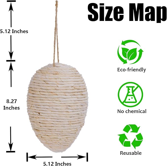 Brownlily 2 Pack Woven Corn Husk Wasp Nest - Sturdy Foam Core Holds Shape, Waterproof Hanging Hornet Deterrent for Patio, Garden, Porch - Rope Woven