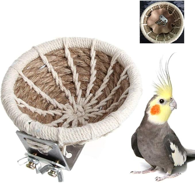 Handmade Flax Rope Weave Bird Breeding Nest and Small Parrot Cage Hatching House Hut Nesting Box for Budgie Parakeet Cockatiel Parakeet Conure Canary Finch Lovebird