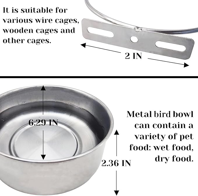 PINVNBY 2pcs Stainless Steel Bird Bowl - XL Water Dish for Parrot, Parakeet, African Greys, Conure, Cockatiels, Lovebird, Budgie, Chinchilla