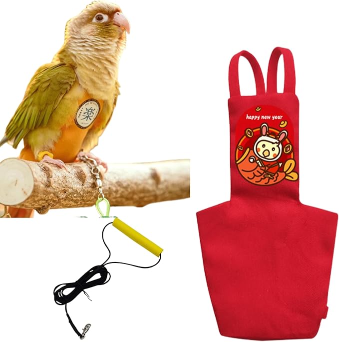 MANON ROSA Bird Diapers Leash Set Washable Reusable Handmade Flight Suit Waterproof Inner Layer - Protective Parrot Nappy Clothes Parakeets Macaws Budgies Canaries (Red2,Ring-Necked Parakeet)