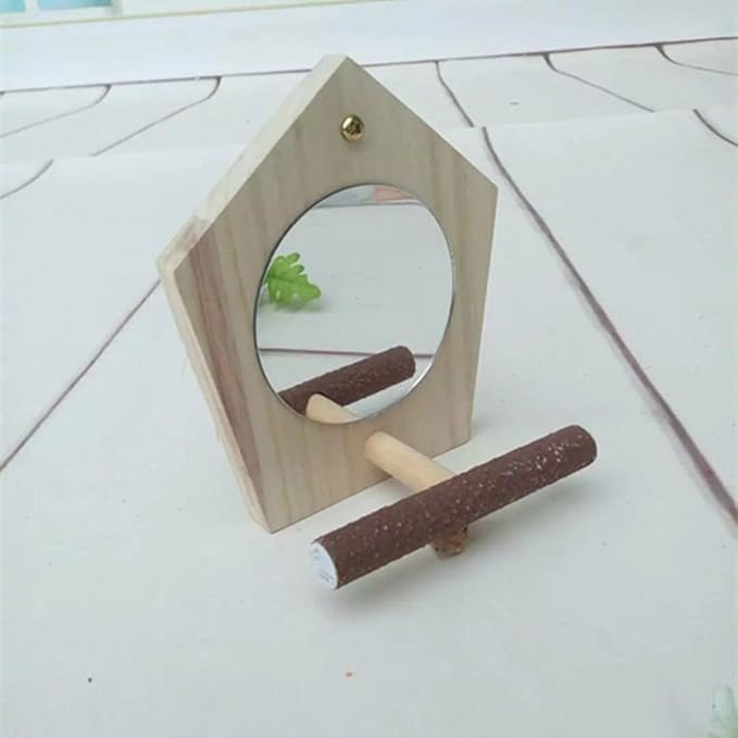 Bird Parrot Mirror Toy with Perch Parrot Parakeet Budgies Cockatiel Conure Finch Lovebird African Grey Macaw Amazon Cockatoo Birdcage Wood Stand Hanging Cage Accessories (Color Random)