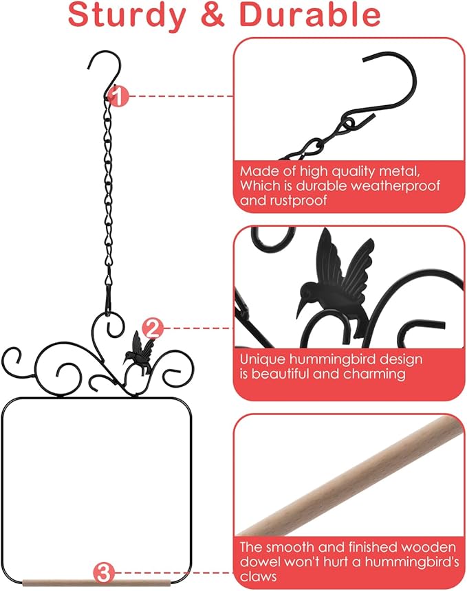 PACETAP Hummingbird Swings and Perches Metal Frame 2 Pack, Wild Bird Swing Outdoor Bird Perch with Wooden Dowel and 2 Hanging Chain for Indoor, Outdoor, Trunk, Lawn, Patio, Garden (2 Hummingbirds)