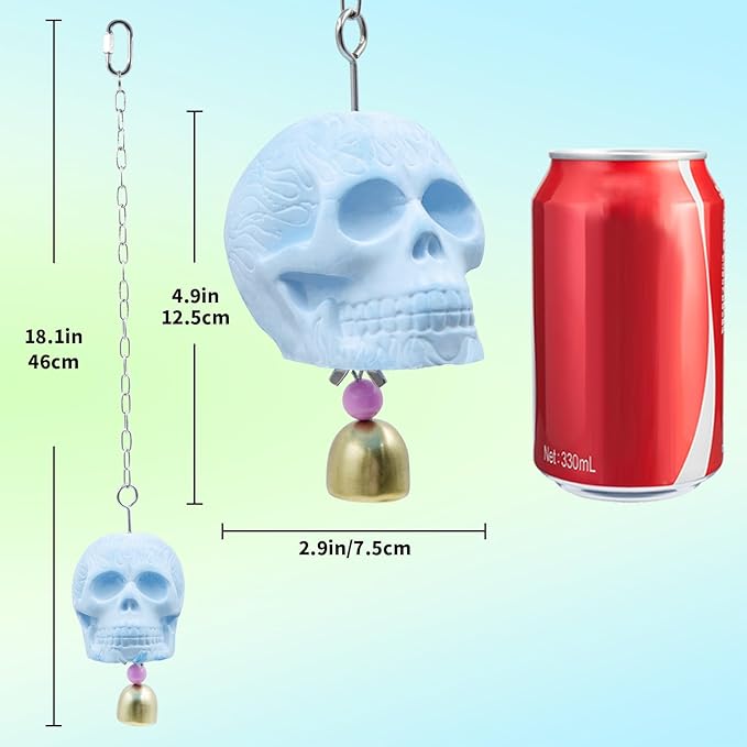 Skull Bird Toy - Natural Calcium Mineral Beak Grinder with Jingle Bell - Small Bird Cage Accessory for Parakeets, Budgies, Cockatiels, Lovebirds, Finches