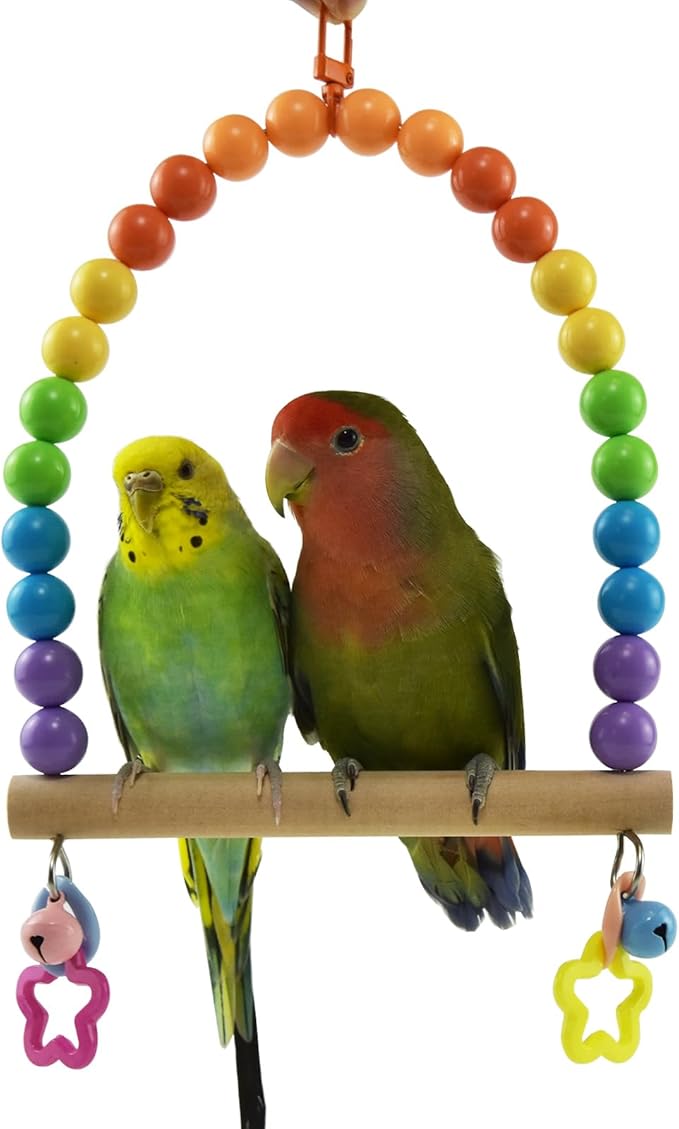 Bird Cage Swings Perch Large Parrot Hanging Toys for Cockatiels, Parakeets Birdcage Wood Stands Rainbow Beads Bell Climbing Training Toy for Lovebirds Conures Budgies Macaws Playground Accessories