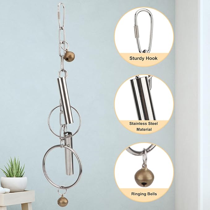 Hypeety Stainless Steel Bird Bell Toys Heavy Duty Hanging Spoons Rings Safe Metal Cage Hanging Bells Toy for Cockatoos Macaws African Grey Large Parrots and Birds (Bells+Rings)
