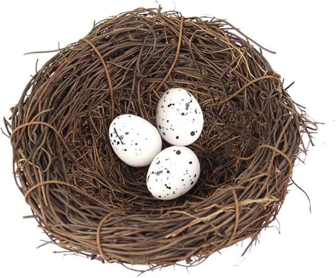 Artificial Birds Nest,4 Set Handmade Natural Easter Fake Birds Nest Rattan Bird Nests Decoration Simulation Bird Nest for Wedding Home Garden Party Decor,12cm with 3PCS Egg Ornaments
