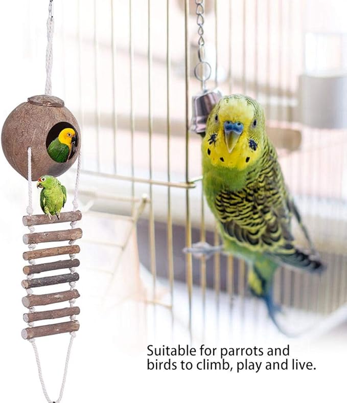 TOPINCN Coconut Shell Bird House with Rope Ladder, 24 Inch Height, Parrot Nesting Box for Climbing and Playing