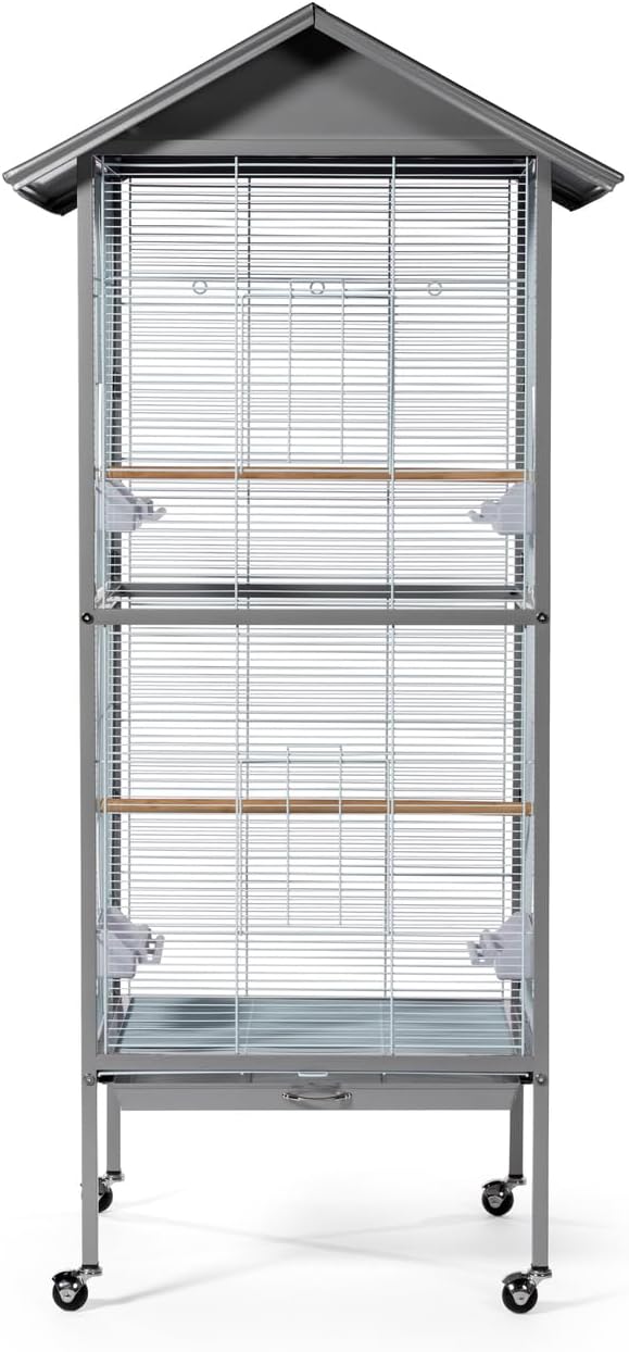 Prevue Pet Products Aviary Large Flight Cage - Powder‑Coated Standing Metal Bird Cage with Wheels, Perches, Feeders & Removable Tray, Ideal for Parakeets, Cockatiels, Canaries & Small Birds - Grey