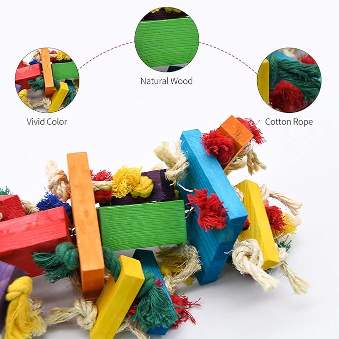RUBY.Q 2 Pack Large Parrot Toy, 20in Bird Parrot Toy, Multicolored Natural Wooden Bird Chewing Toys for Large Macaws, African Grey and a Variety of Amazon Parrots