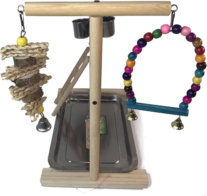 Hamiledyi Parrot Playground Bird Play Stand Play Gym with Feeder Cups,Swings, Ladder and Tray, Wood Parakeet Playground Outside Cage for Cockatiel Lovebird Budgie