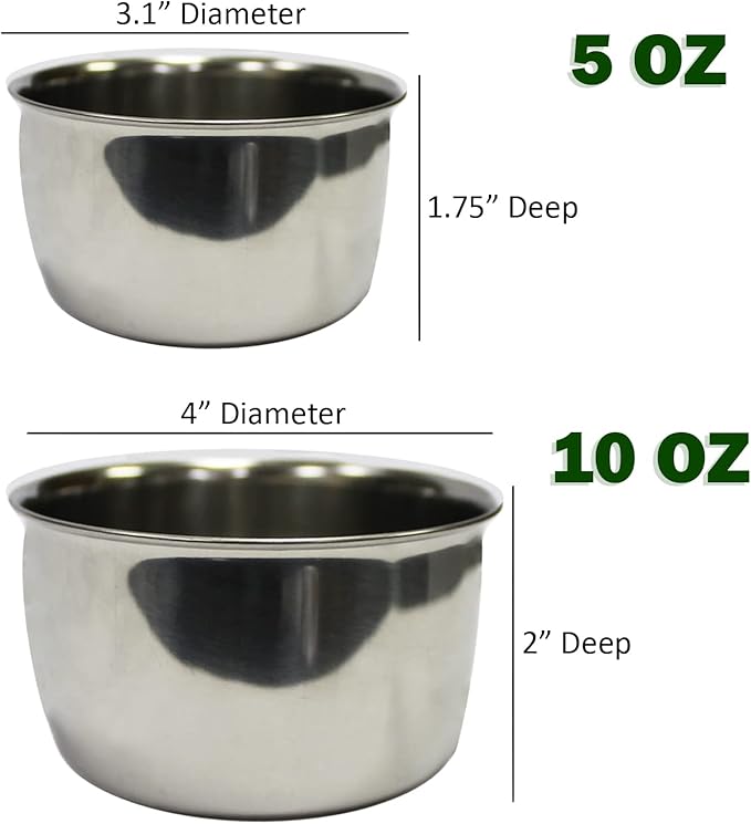 Stainless Steel Cup w/Holder - Durable Metal Mountable Food & Water Dish - Sugar Gliders, Hedgehogs, Chinchillas, Rats, Ferrets, Guinea Pigs, Rabbits, Squirrels, Birds (5 oz., Silver)