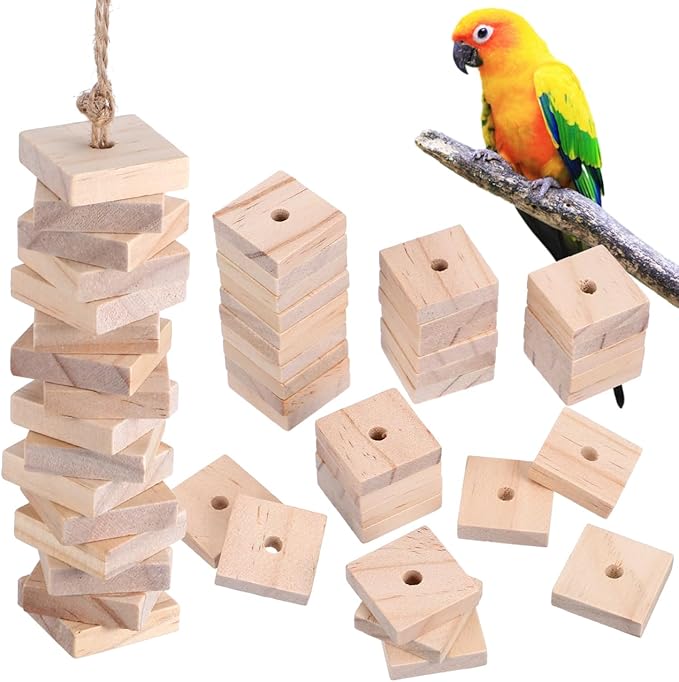NOLITOY 100pcs Bird Toy Parts, 1.18" Natural Wood Cubes - DIY Parrot Toy Making Kit & Chewing Blocks Bulk Refill - Soft Wood Squares for Cockatoos African Greys Eclectus Medium Birds