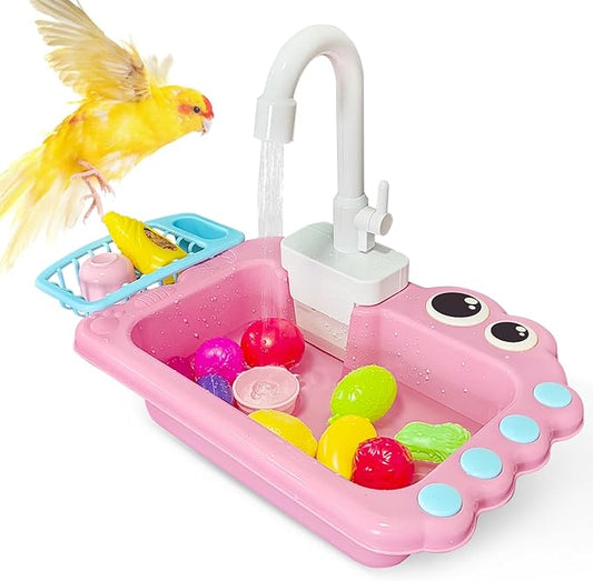 PINVNBY Bird Bath Tub with Automatic Watering Faucet Parakeet Bath Bowl Budgie Shower for Cockatiels Conures Lovebirds and Other Small Medium Birds Shower (Pink