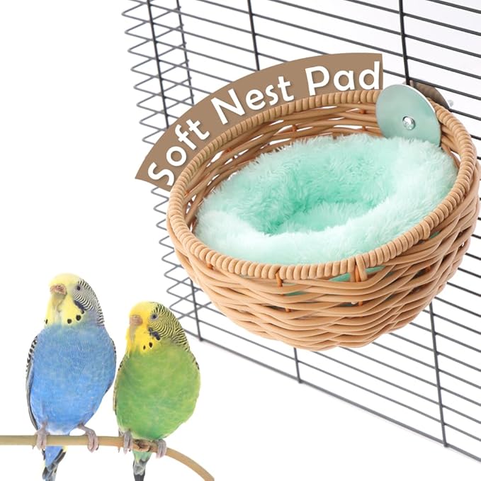 VTurboWay 1 Pack Bird Rattan Nest with 1 Pcs Nest Mat Parrot Egg Laying and Breeding Nest for Parrots Cockatiels Budgerigars Finches Canaries