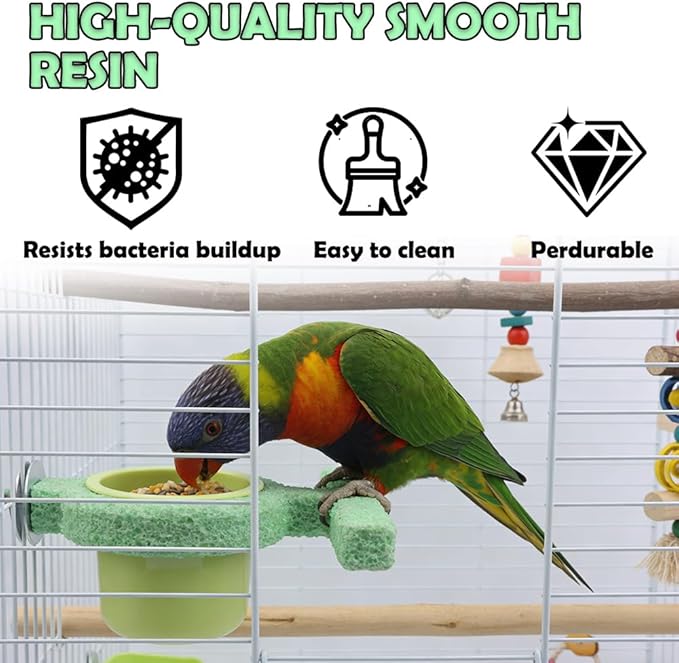 Bird Cage Feeder with Perch Stand Resin Food & Water Cup Holder for Parakeets Cockatiels Lovebirds Finches Small Birds (Green)
