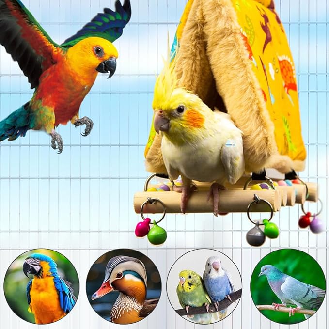 La La Pet® Hanging Parrot Hammock Nest with Wooden Perch Bird Sleeping Tent Parrot Habitat Bird Nest Bed Parrot Hideaway for Small and Medium Sized Birds Small