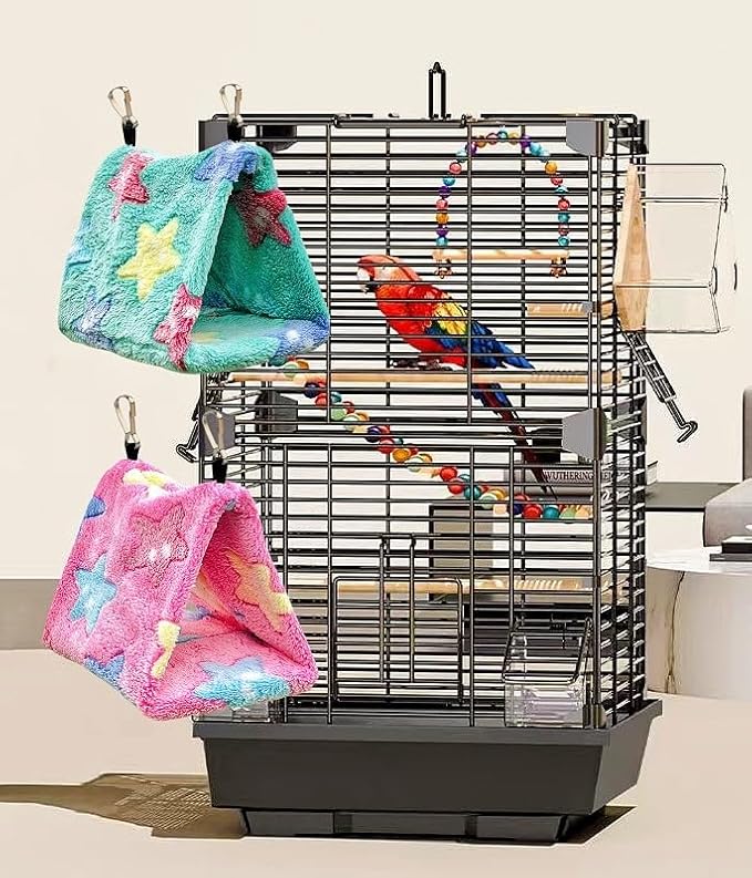 2 Pack Warm Bird Nest Plush Snuggle Bird Hammock Hanging Bird Cave Parrot Sleeping Bed Shed Hut Hanging Tent for Budgies Finch Parakeet Cockatiel Cockatoo Lovebird-Star Pattern (Pink&Green)