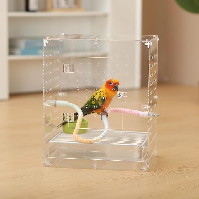 Clear Acrylic Bird Cage for Small Birds, Transparent Display Habitat for Canary, Parakeet - Easy to Clean & Assemble (9x12x15in)
