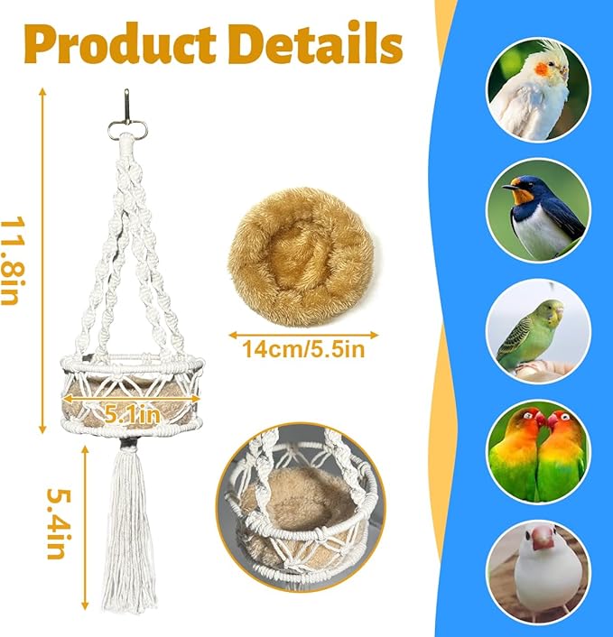 Warm Bird Cage Bird Nest, Bohemian Style Cotton Woven Hanging Small Bird Bed for Cage, Warm Nest for Canary, Lovebird, Budgie, Finch (Beige)