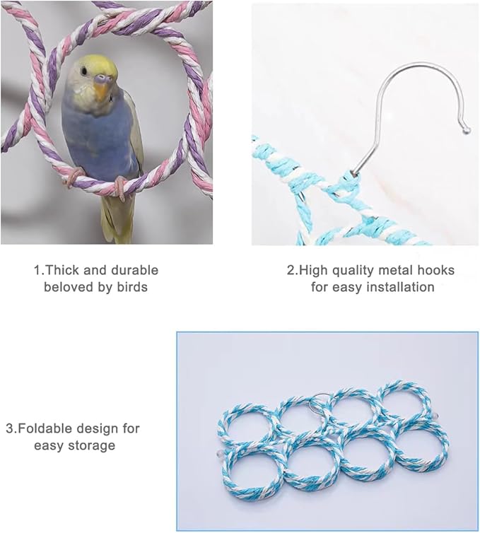 2 Pack Small Pet Rope Toys,Bird Rope Perch Climbing Net Ladder Hanging Hammock for Parrot (Parakeet/Cockatiel/Cockatoo/Macaw/Conure), Rat, Hamster, Mouse, Ferret (2Pcs)