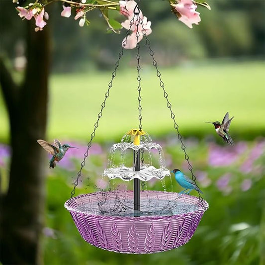 Solar Hanging Bird Bath Fountain, Solar Powered Auto Water Circulation Glass Bird Bath with Hanging Chain, Weatherproof Outdoor Garden Decor to Attract Hummingbirds Wild Birds (1pc)