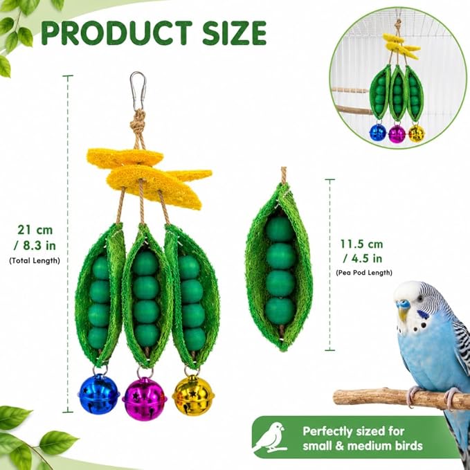Loofah Bird Toy for Parakeets, Triple Pea Pod Hanging Bird Chew Toy with Wooden Beads & Colorful Bells, Bird Cage Accessories for Budgies, Cockatiels, Lovebirds, Conures