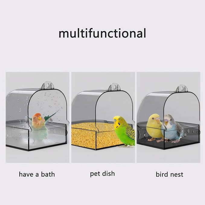 Bird Bath for Cage with Pull-Out Drawer, Clear Acrylic Parakeet Bath Box for Inside Cage Use, No-Mess Enclosed Tub for Budgie, Canary, Lovebird, Finch, 6.1 x 5.1 x 6 Inches (Transparent)