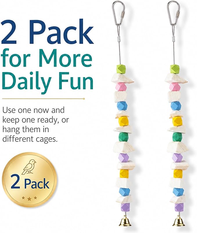2 Pack Bird Toys with Cuttlebone, Parakeet Toys for Cage, Beak Grinding Stone and Cuttlefish Bone Chew Toys for Budgies, Cockatiels, Lovebirds, Green Cheeks, Conures, Small to Medium Birds