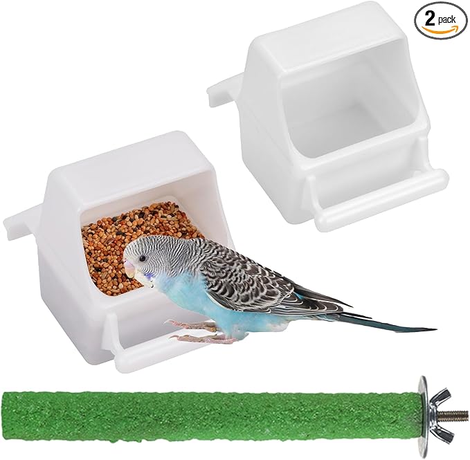 IBWell 2 Pack Bird Water Bowl Clear Bird Food Container Bird Cage Feeder No Mess Bird Feeder for Cage Parakeet Feeder with Perch, white