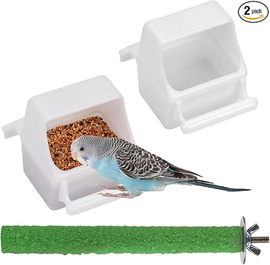 IBWell 2 Pack Bird Water Bowl Clear Bird Food Container Bird Cage Feeder No Mess Bird Feeder for Cage Parakeet Feeder with Perch, white
