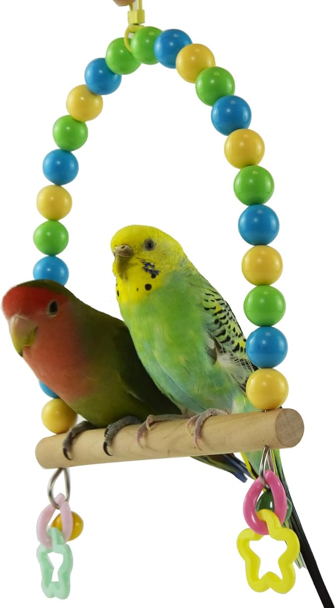 Wooden Bird Swing for Cage Large Parrot Hanging Toys with Colorful Beads Bell Cockatiel Perch Stand Parakeet Climbing Training Toy Playground Gym Birdcage Accessories for Macaws Quaker Conures