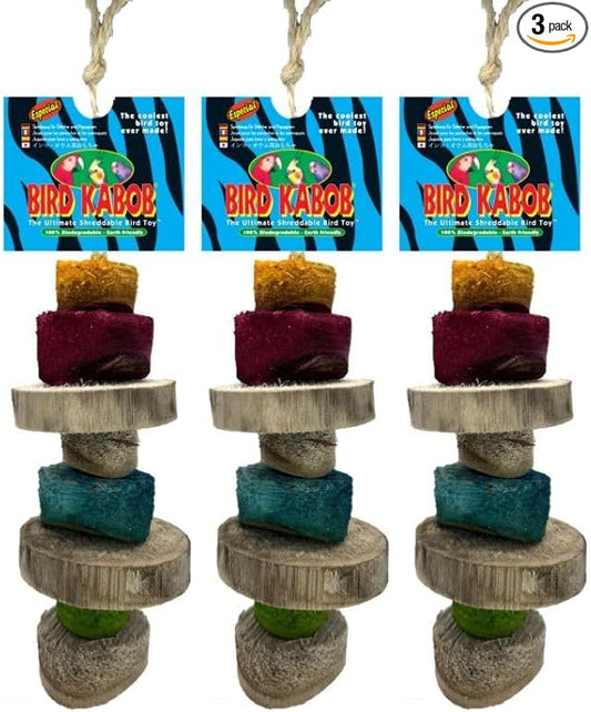 BIRD KABOB Especial - 3 Pack - an All-Natural, Holistic, Veterinarian Recommended, Earth Friendly, shreddable Hanging Bird Toy with Colored Yucca Chunks