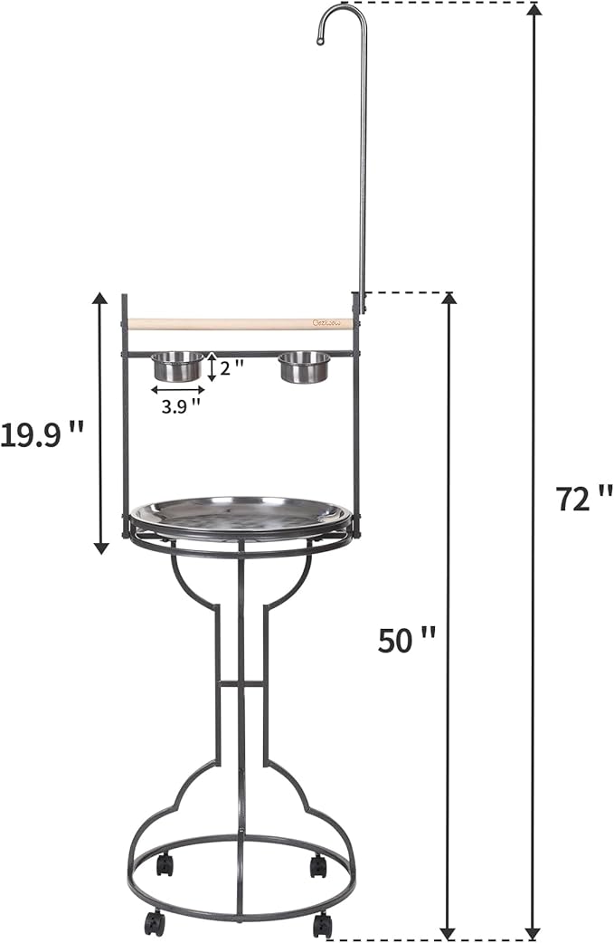 COZIWOW 72" Parrot Stand,Stainless Steel Tray Bowls Large Bird Playstand,Parrot Perch with Easy Grip,Wrought Iron Bird Stand with Toy Hook,Macaw Play Gym Ground Stand Rolling Wheel,Pet Gift
