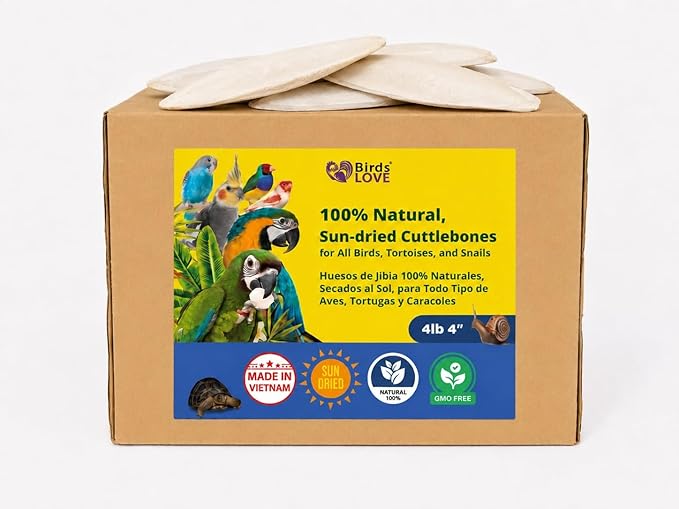 Birds LOVE 3.5-4″ Cuttlebones for Birds – 100% Natural Sun-Dried Calcium Carbonate Mineral Supplement – for Parakeets, Budgies, Cockatiels, Finches & Canaries – 4 lb with Holder – Made in Vietnam
