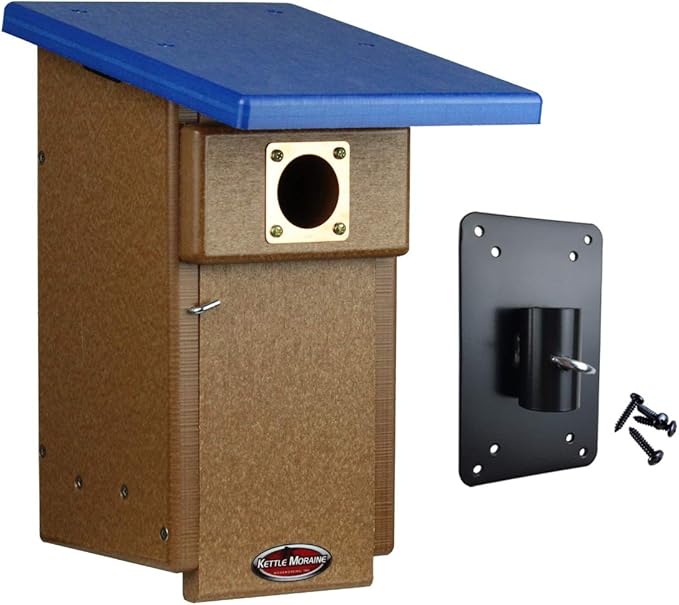 Kettle Moraine Eastern Bluebird Recycled Nest Box (Nest Box + Mounting Plate, Blue/Chocolate)